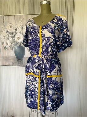 ZARA Basic Navy and Yellow Floral Shift Dress Fabric belt Size Large